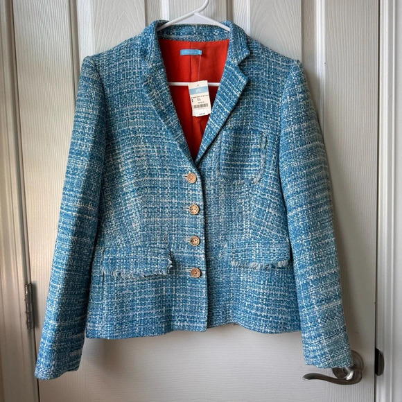 NWT J.McLaughlin Blossom Tweed Jacket Collared Blazer Silk Blue size 2 - Picture 1 of 14